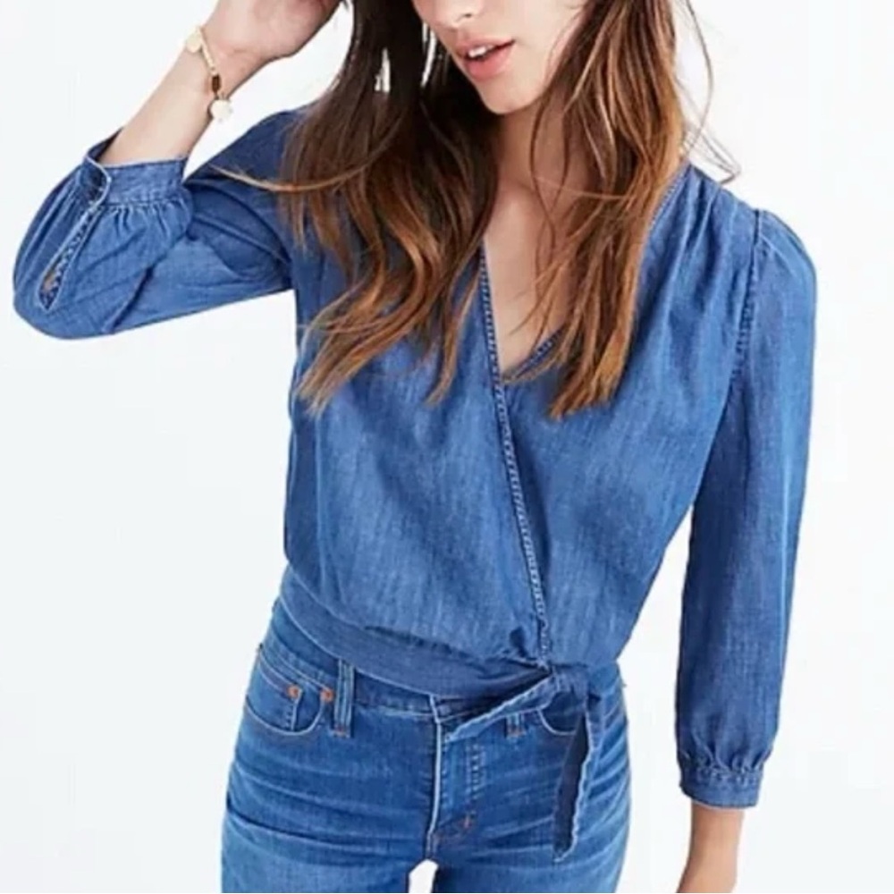 Madewell Denim Wrap Top Womens XS | Indigo Blue Cotton Lyocell Blouse